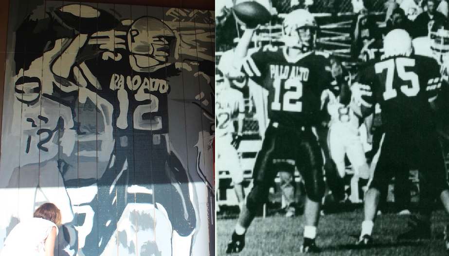 Photo from Franco's 1993 yearbook (right) that inspired his mural at Paly (left) Photo by Adele Bloch